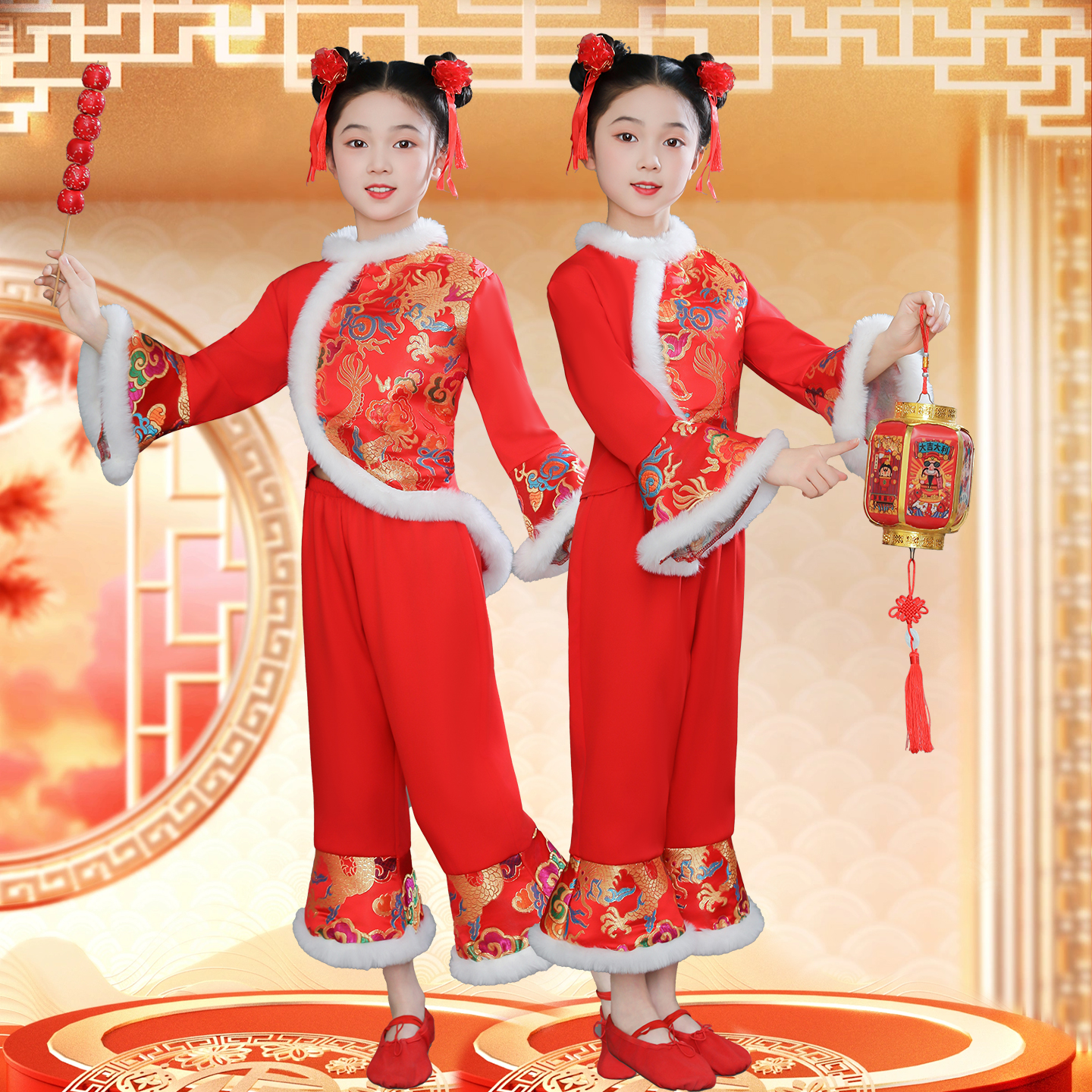 2025冬季新款儿童秧歌服女开门红演出服民族扇子舞红色喜庆打鼓服