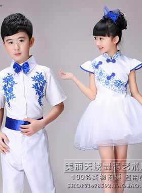 六一新款儿童表演服男女童青花瓷大合唱服中小学诗歌朗诵演出服装