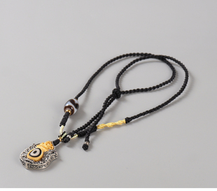 藏式设计925银象神镶嵌天珠毛衣链 手工编项链吊坠男女本命年饰品
