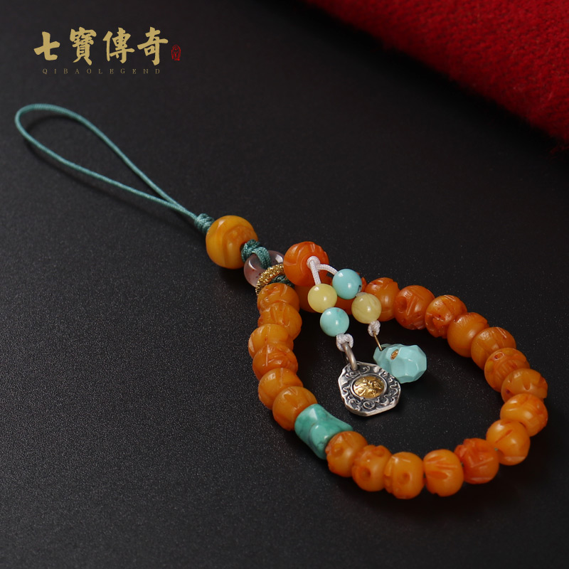 原创设计牛骨尸陀林手机链 松石包挂 99足银嵌足金绿度母挂饰