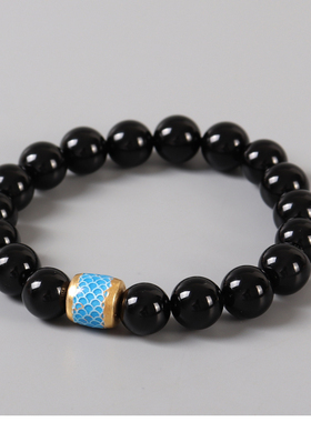 时尚黑玛瑙圆珠手链 925银龙鳞纹桶珠手串单圈 本命年节日礼物