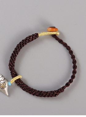 藏式设计925银海螺手链 手工编玉米结手绳本命年饰品 节日礼物