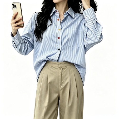 2026秋季新款彩色纽扣条纹长袖衬衫女大码显瘦氛围感棉质女上衣