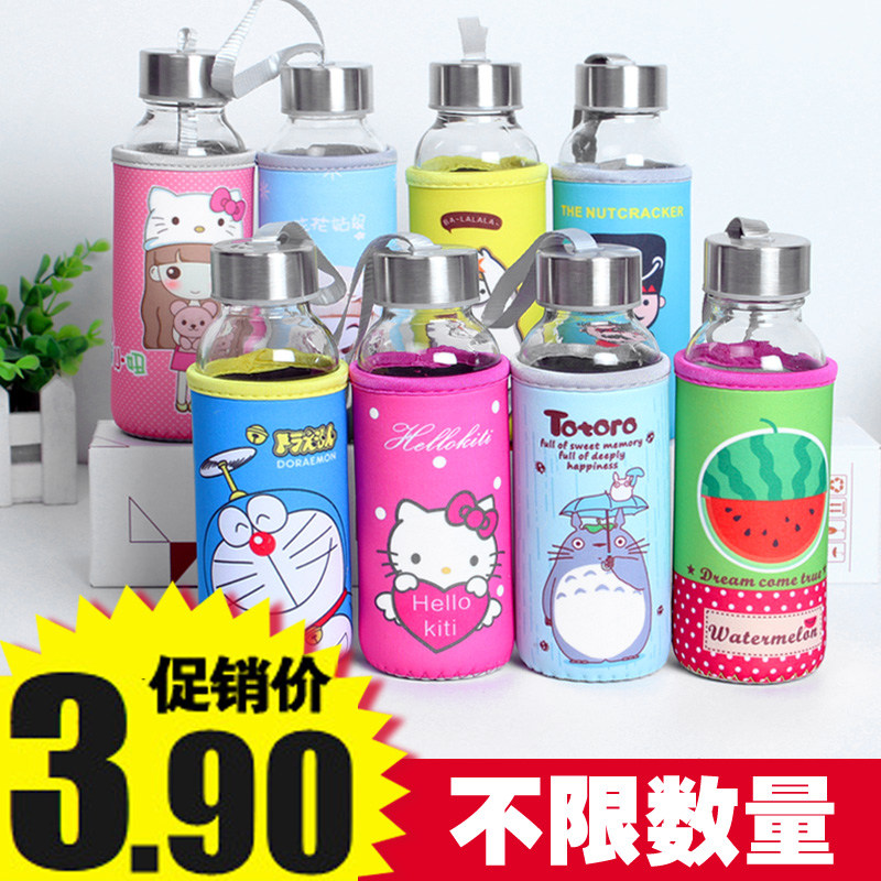 杯子创意卡通带杯套玻璃杯防摔学生便携带盖随手杯可爱水杯女茶杯