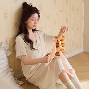 黛梦思莫代尔睡裙女夏季薄款短袖家居服甜美带胸垫睡衣夏天可外穿
