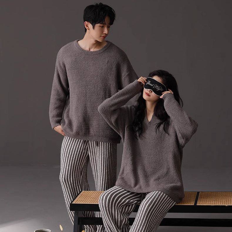 黛梦思半边绒情侣睡衣男款秋冬季加厚珊瑚绒女士家居服可外穿套装