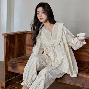 黛梦思2025年新款睡衣女春秋季纯棉长袖家居服甜美淑女可外穿套装