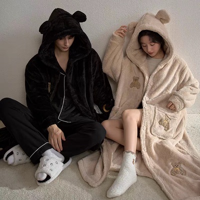 黛梦思长款睡袍女冬季加厚保暖男士家居服宽松大码珊瑚绒睡衣情侣