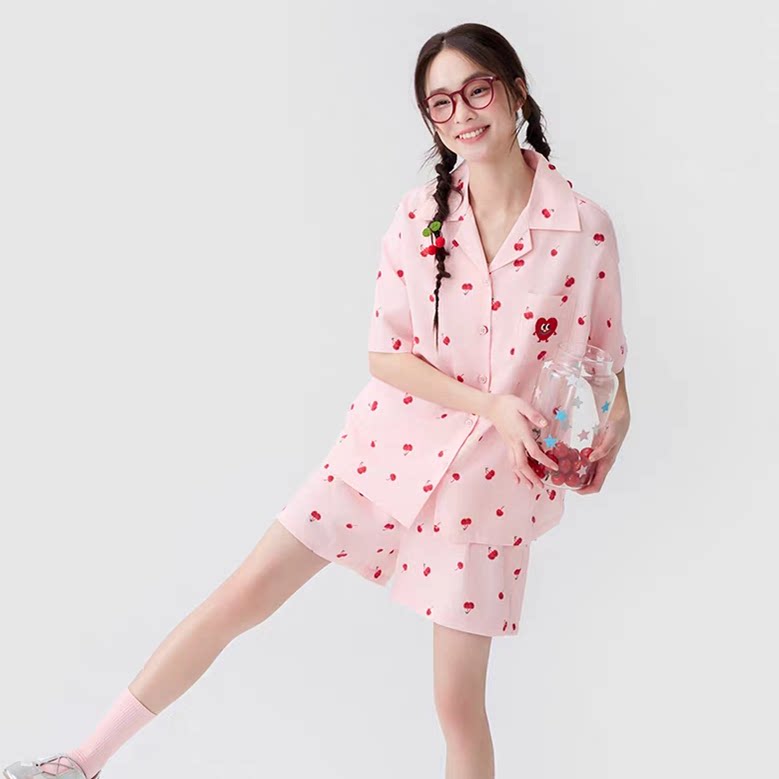 黛梦思7A抗菌莱赛尔睡衣女夏季薄款樱桃短袖短裤可外穿家居服套装