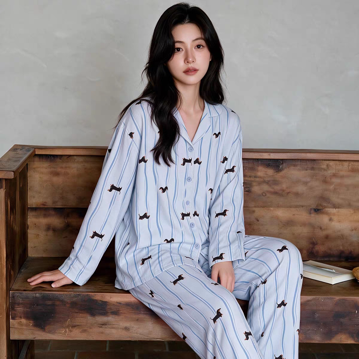 黛梦思带胸垫睡衣女春秋款纯棉长袖长裤家居服甜美可外穿套装秋季