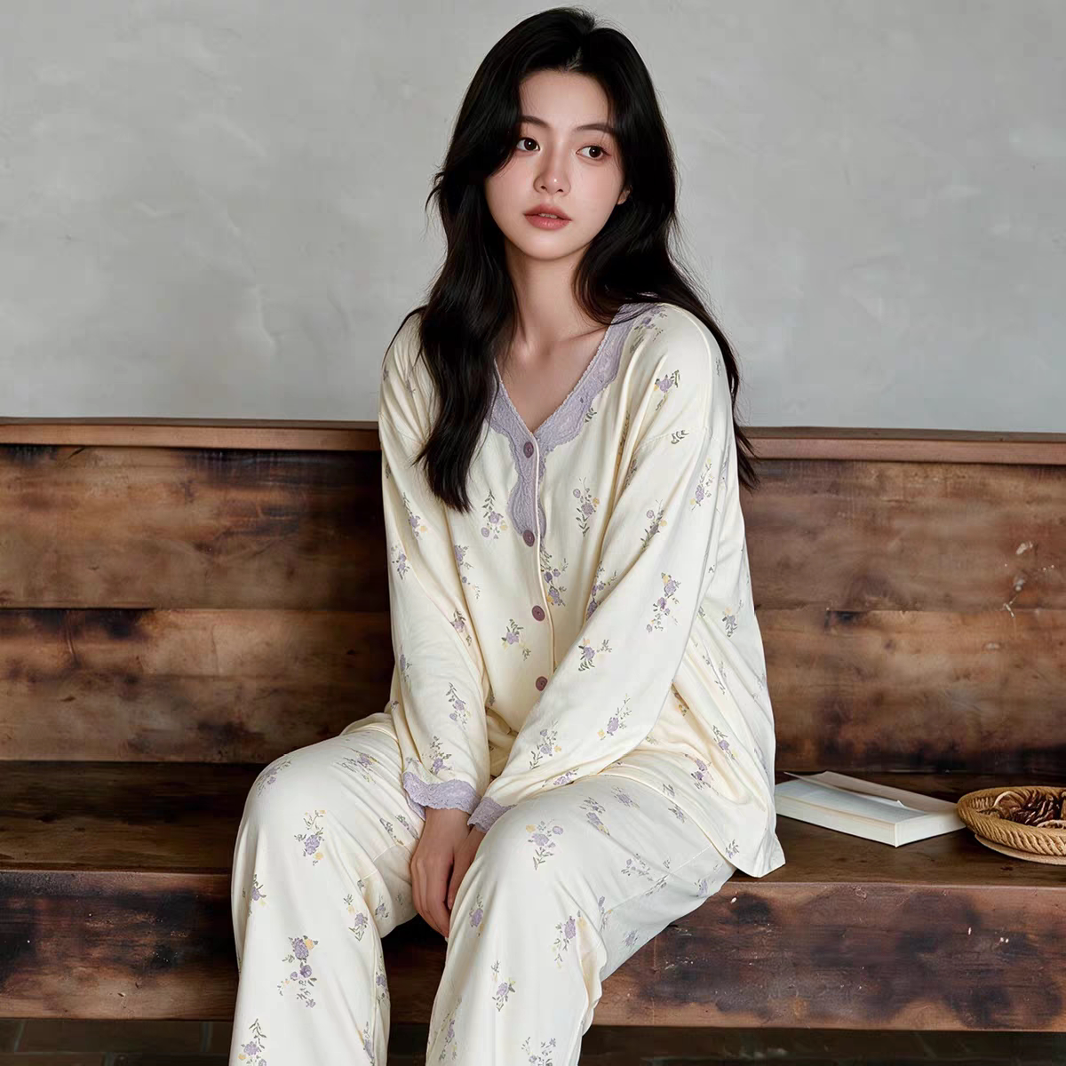 黛梦思甜美睡衣女款2026春秋季纯棉长袖家居服可外穿休闲大码套装