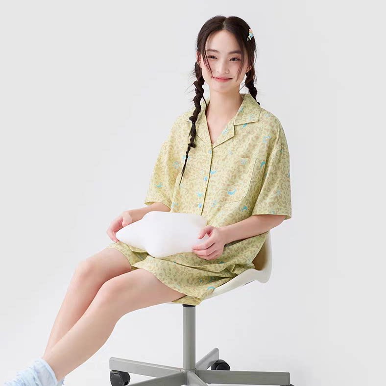 黛梦思7A抗菌莱赛尔睡衣女夏季薄款短袖家居服宽松可外穿开衫套装