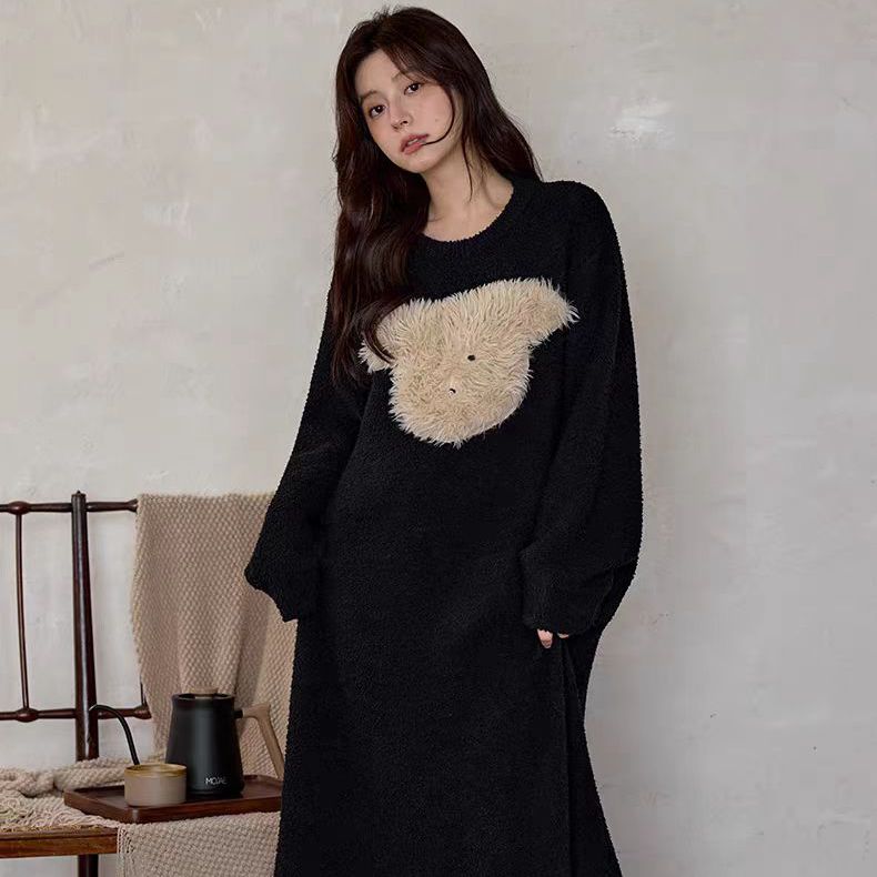 黛梦思新款睡裙女秋冬季加厚保暖半边绒家居服宽松大码珊瑚绒睡衣