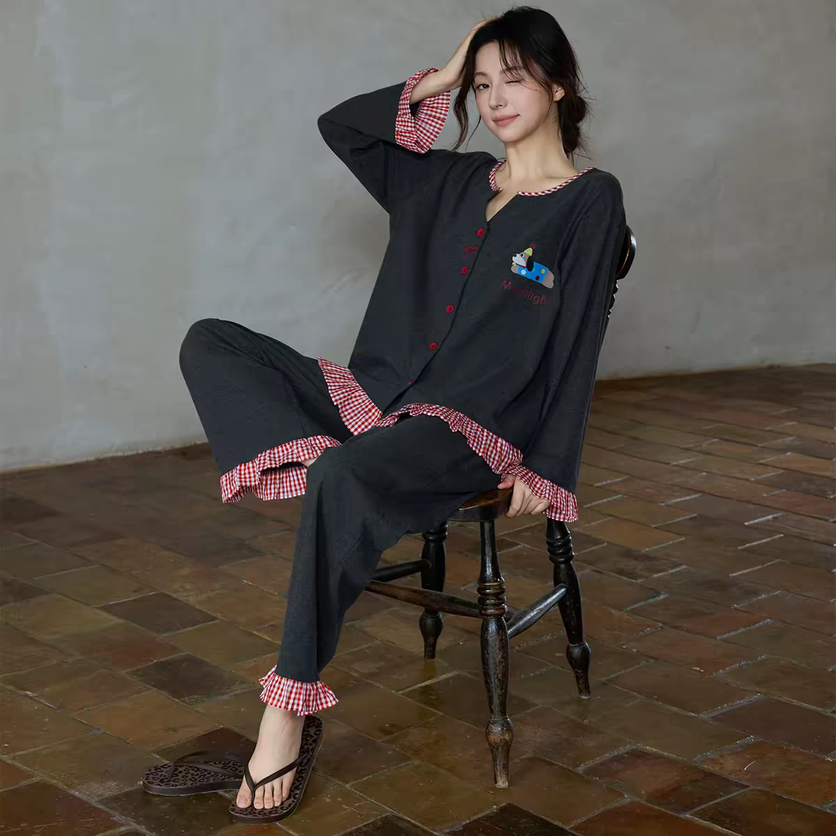 黛梦思甜美睡衣女款春秋季纯棉长袖长裤家居服宽松大码可外穿套装
