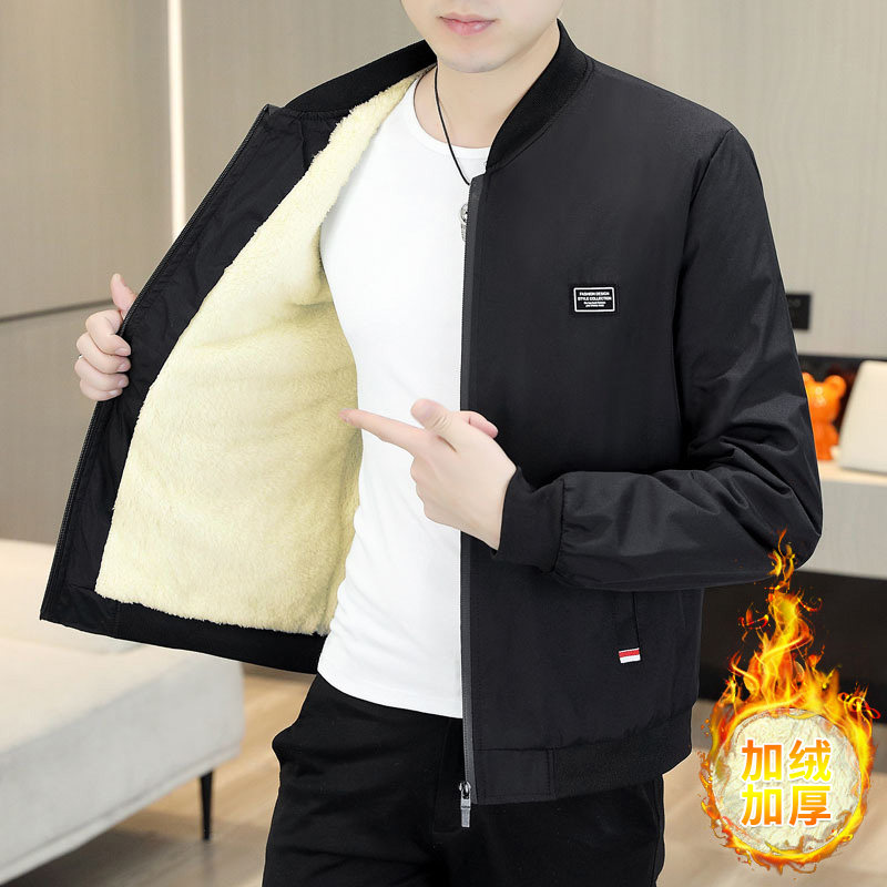 春秋新款棒球服外套男士韩版帅气纯色加绒加厚青年夹克百搭上衣潮