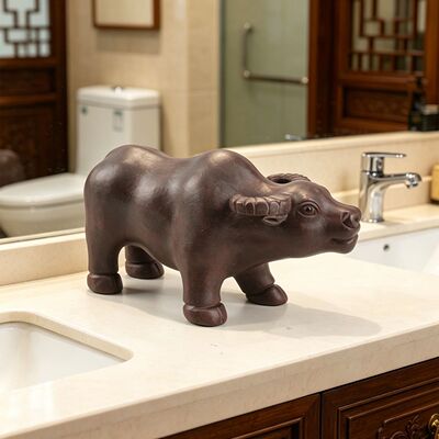 玄众阁 景德镇陶瓷牛化解摆件茶宠牛形正北坎位卫生间陶土吸水牛