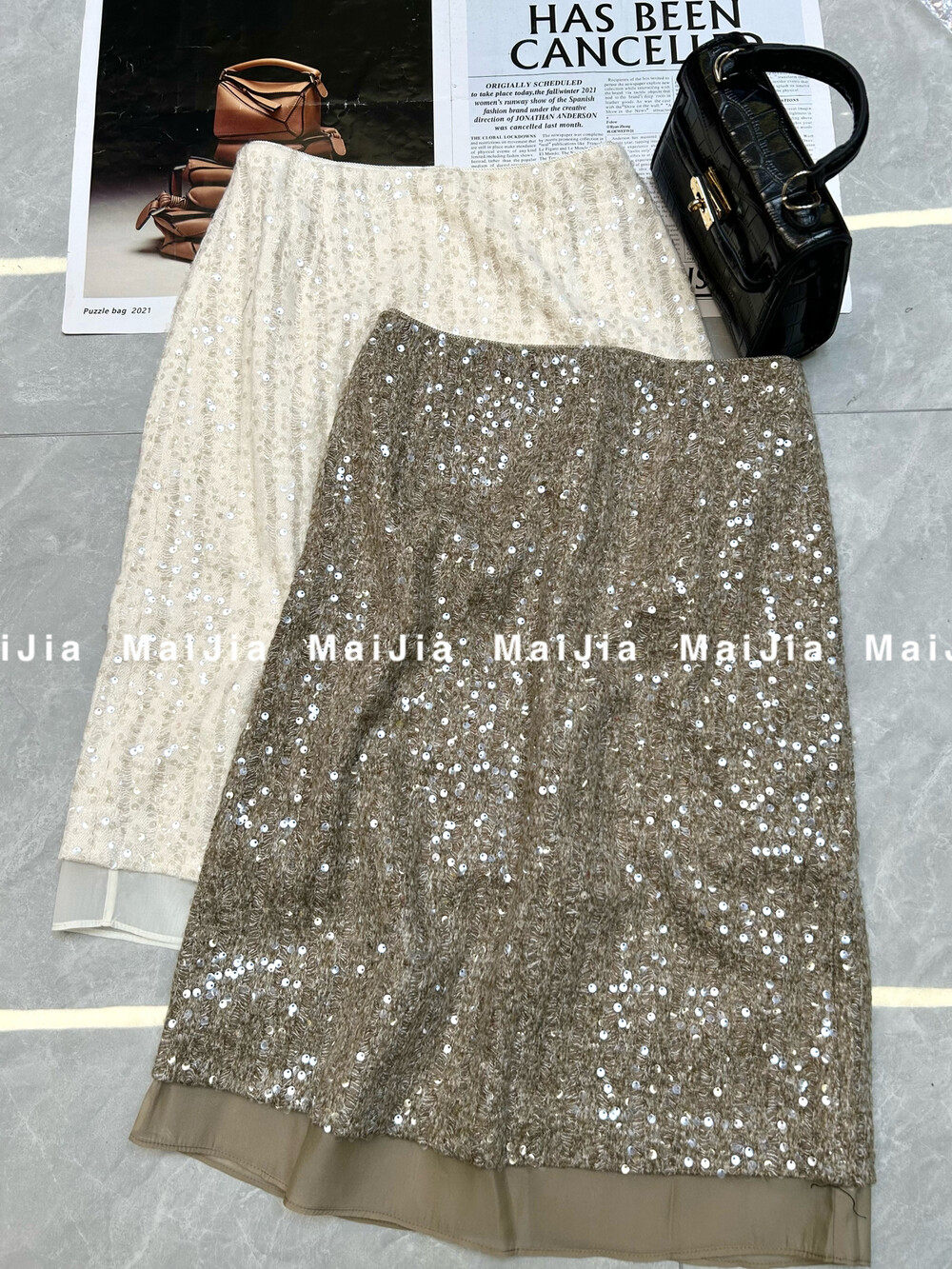 26早春上新法式洋气减龄百搭显瘦气质老钱风重工亮片高腰半身裙潮,女装/女士精品,半身裙,淘宝优惠券,粉丝福利购,淘宝优惠卷