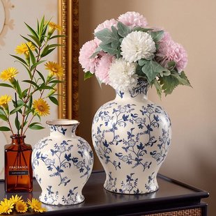 新中式陶瓷花瓶摆件客厅插花水养插花桌面花器青花瓷复古花瓶一对