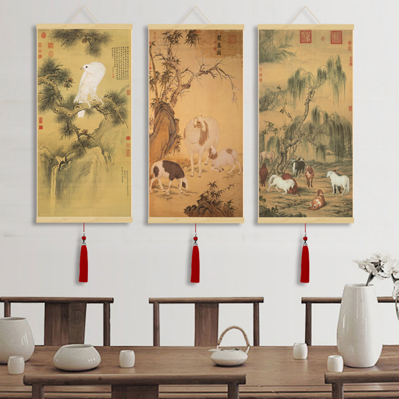 郎世宁三羊开泰图绢布微喷画芯客厅名画复制品挂轴中式复古三羊