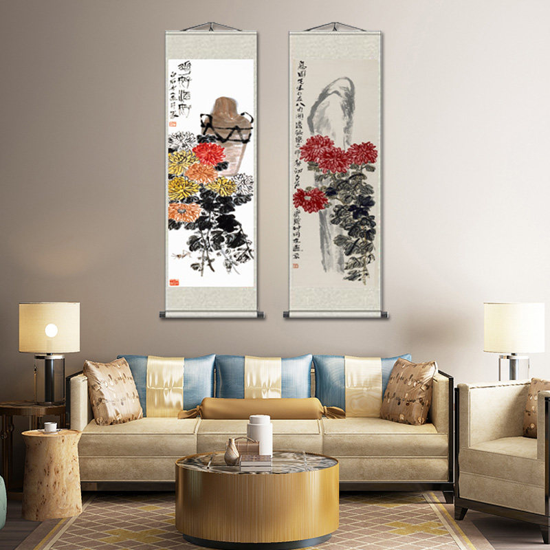 吴昌硕菊花名家字画仿古挂画茶楼装饰壁画三联画花鸟玄关墙画送礼