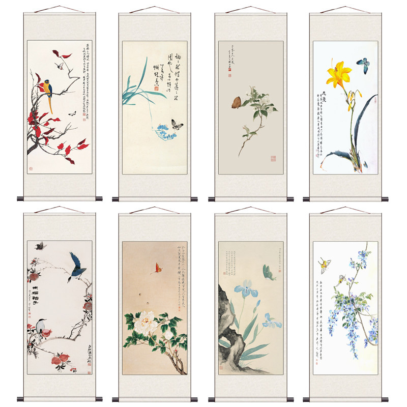 国画兰花图仿古名家蝴蝶兰丝绸画花鸟卷轴壁画风水挂画送礼装饰画