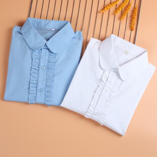 夏季短袖校服衬衣白色蓝色门襟花边学生班服休闲翻领衬衣女童衬衫