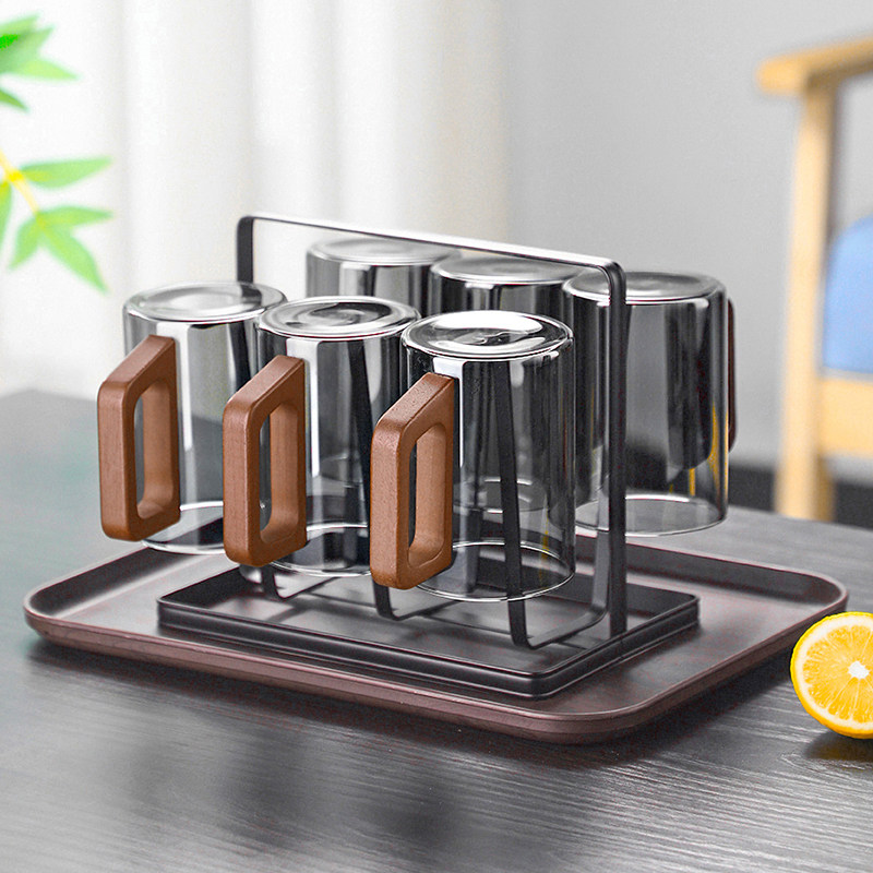 家用水杯套装木把玻璃杯水具套装耐耐高温玻璃水杯家用待客杯子