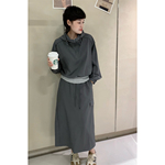 假两件时尚套装女2026春季新款连帽拼接上衣休闲工装松紧腰半身裙