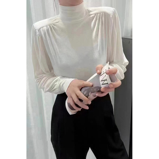 休闲T恤百搭打底衫 半高领垫肩泡泡长袖 女 时尚 欧洲站2025秋冬新款