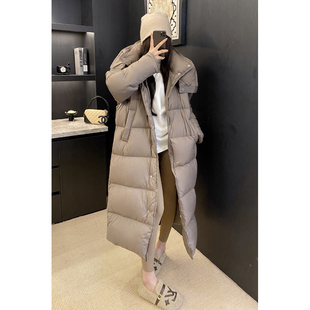 欧货连帽白鸭绒羽绒服女2025冬新款 过膝加厚保暖外套 拼皮纽扣长款