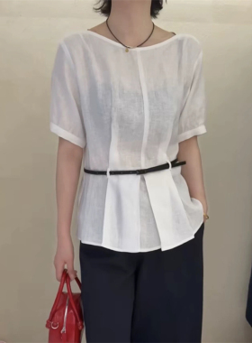 亚麻衬衫女2026夏季新款韩版圆领收腰显瘦配腰带休闲百搭短袖衬衣