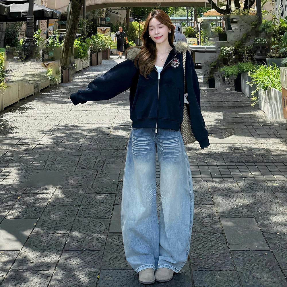 秋季牛仔裤腿直筒复古拖地阔弯刀镰刀美式垂感水洗高腰宽松女裤子