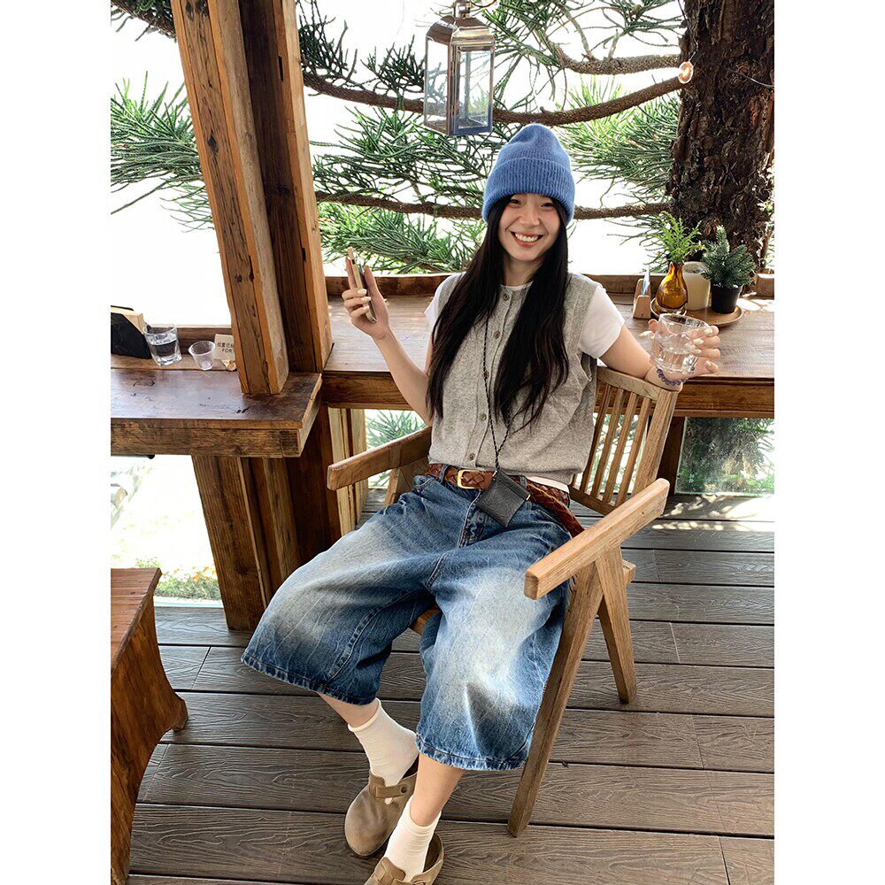 五分美式牛仔磨白高腰夏季2026短裤直筒阔复古中裤腿新款七分女裤