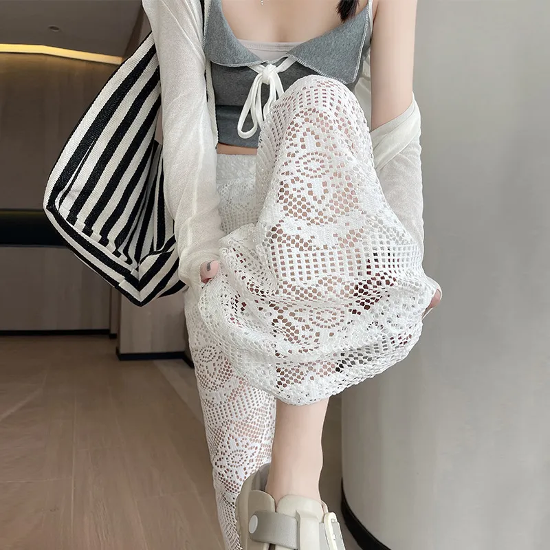 蕾丝白色腰阔腿裤时尚潮流夏七分裤新款高腰显瘦直筒裤拖地休闲裤