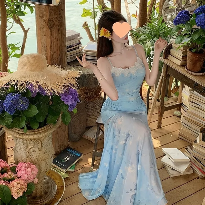蕾丝纯欲春日芭蕾度假风超仙拼接吊带裙网纱晕染花卉鱼尾裙子绝美