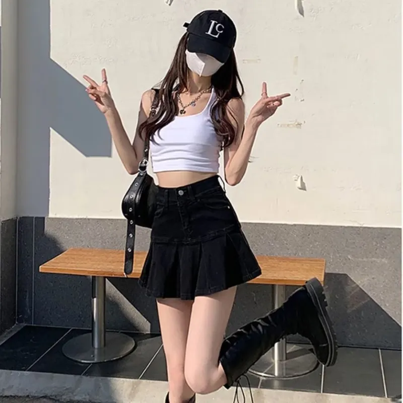 牛仔百褶短裙子女春夏新款高腰垂感A字短款半身裙垂感休闲牛仔裙