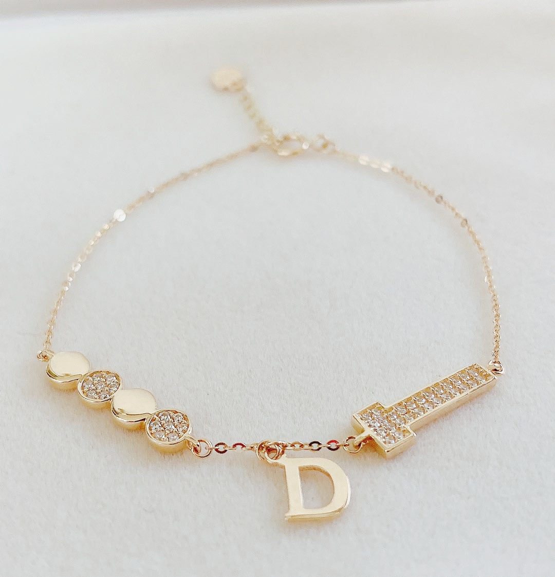 韩国14k金d字亮钻气质百搭彩金黄金女式手链 纯k金时尚手环金手链