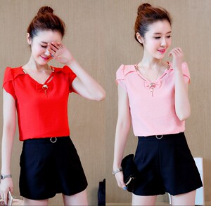 雪纺衫女短袖衬衫2021夏装新款韩版宽松显瘦圆领纯色百搭上衣服潮