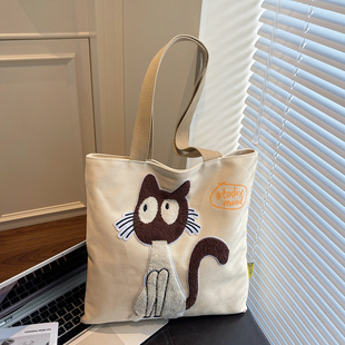 可爱猫咪刺绣托特包包女学生大容量通勤手提帆布袋上班上学单肩包