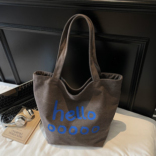 2025新款大容量字母托特包包女韩系慵懒风简约帆布包日常通勤布袋