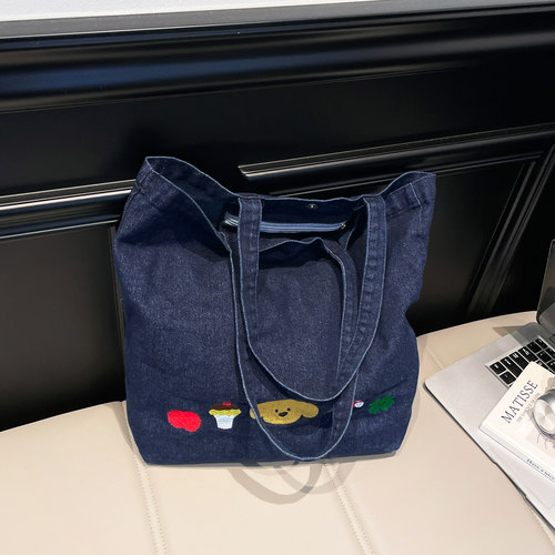 卡通刺绣托特包包女水洗牛仔布包