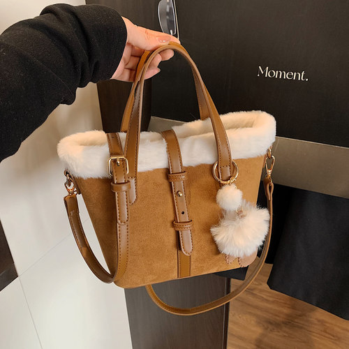 手提复古毛绒小托特包百搭斜挎包