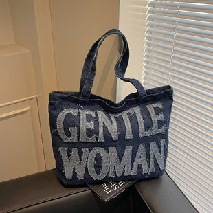 ins超火牛仔包大容量包包女2025新款 休闲帆布上班手提单肩托特包