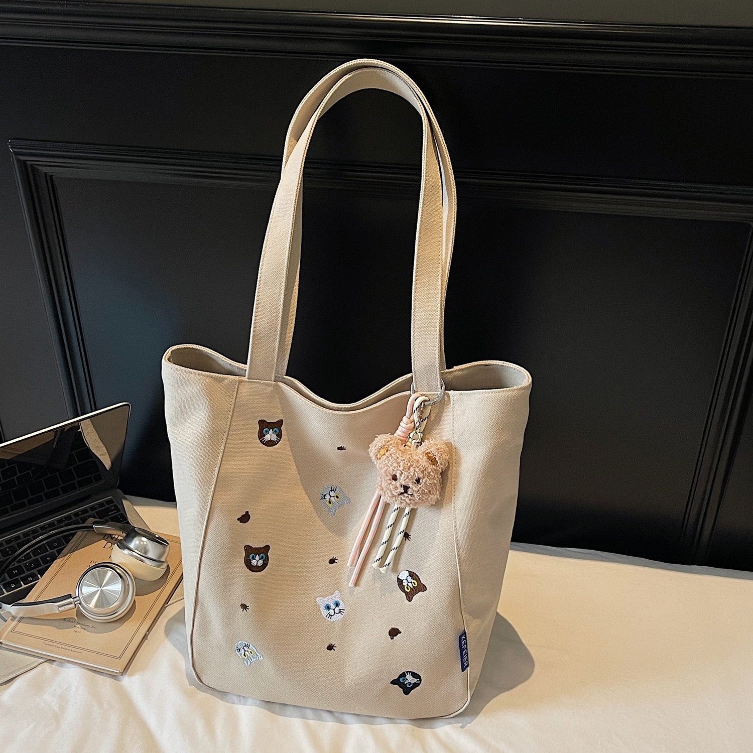 带拉链帆布包包女式大容量可爱猫刺绣包休闲托特包日常通勤单肩包