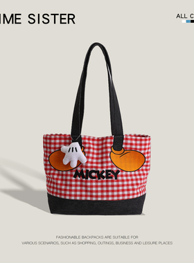 2026新款红色格子帆布包包女ins卡通星星大容量托特包日常通勤包