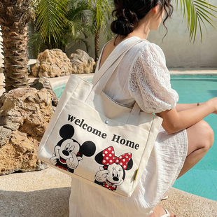 横版带拉链帆布包包女手提大容量通勤托特包大上班上学外出单肩包