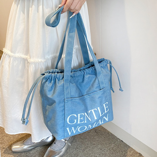 牛仔帆布包包女泰国潮牌GentleWoman抽绳大容量单肩休闲通勤托特