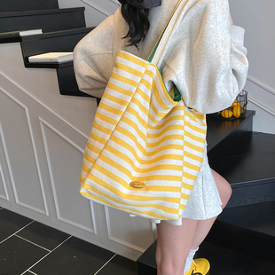 潮学院风双面背百搭通勤托特包 ins大容量条纹帆布包包女2025新款