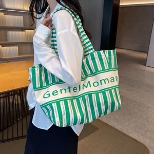 泰国大容量女包包高级感条纹字母设计帆布包购物袋百搭通勤托特包
