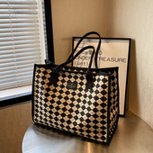 帆布包女大容量手提袋包包新款 单肩棋盘布袋妈咪通勤高级感托特包